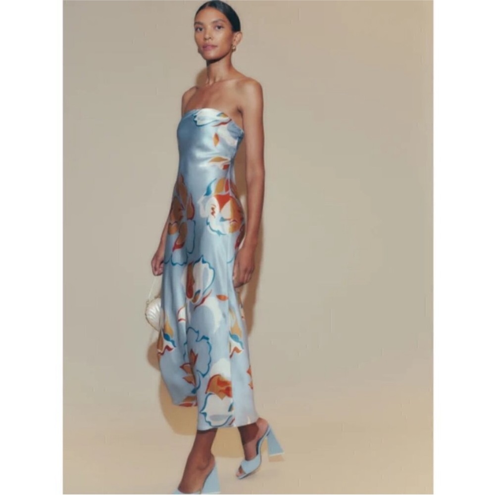 REFORMATION Joanne 100% Silk Strapless Hyperion Blue Floral Midi Dress Size 10